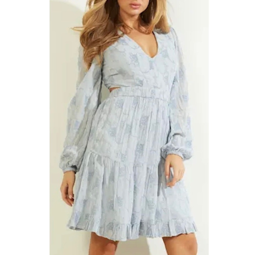 Guess Women's Light Blue Tiered V-Neck Balloon Sleeves Midi Dress Sz M